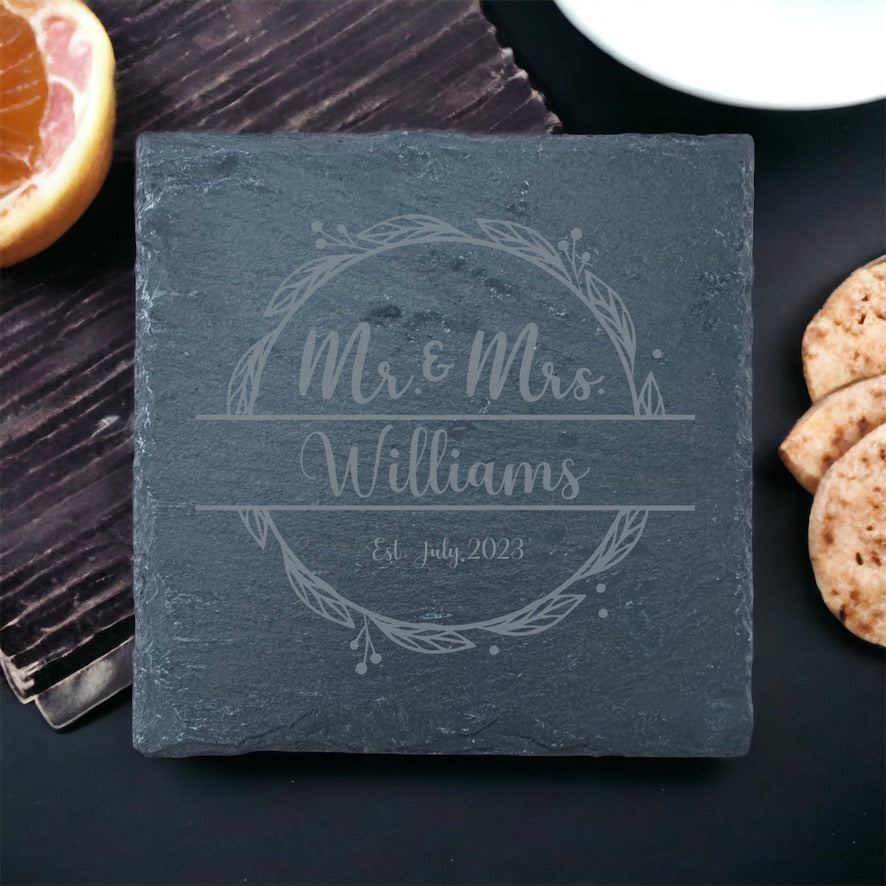 Slate Coaster - Mr & Mrs with Date